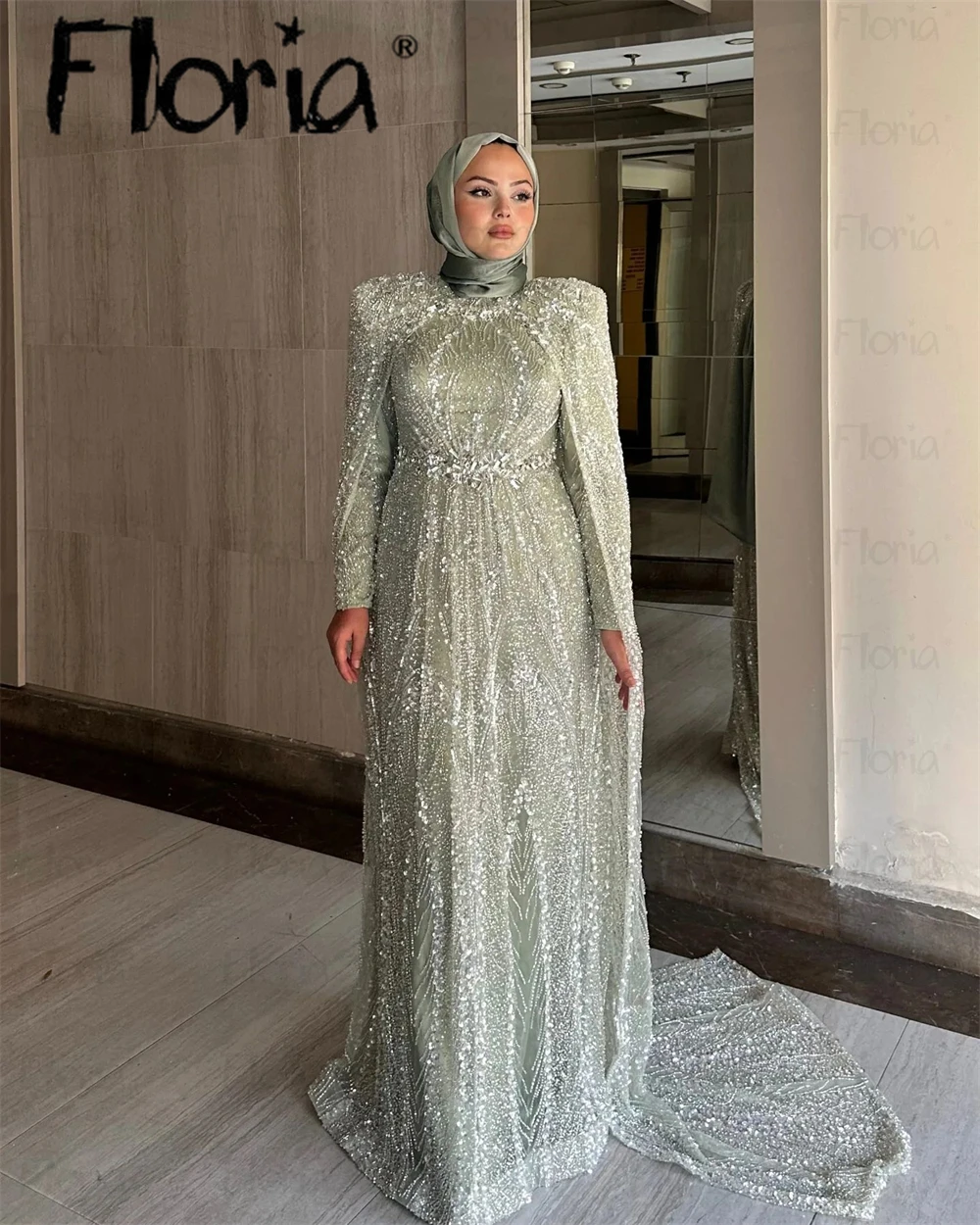 Couture Sage Green A-Line Prom Dresses With Glitter Beads Cloak Two Pieces Maxi Evening Gowns Formal Wedding Party Dress