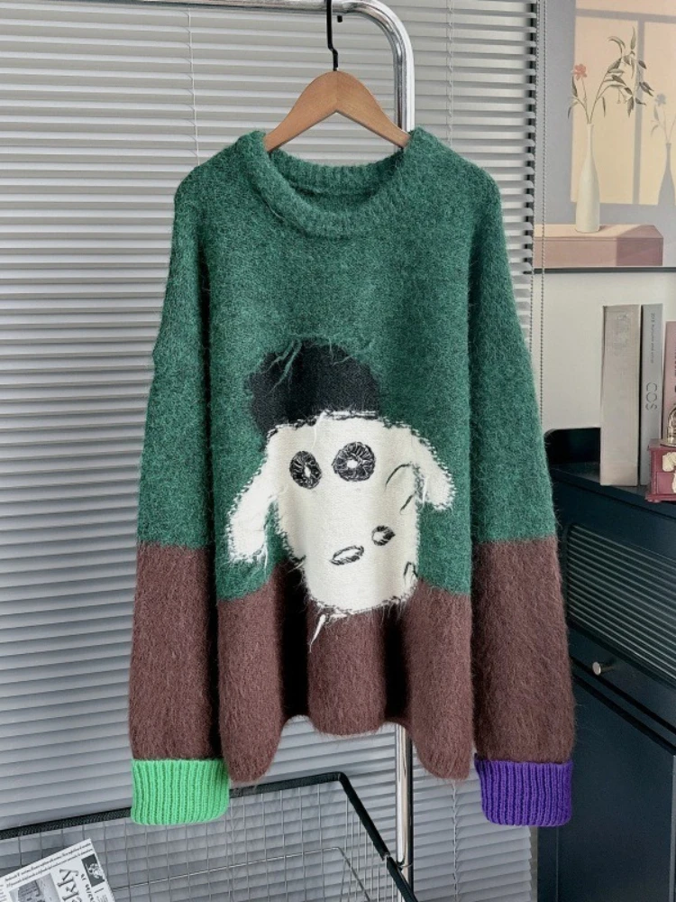 

Lazy Style Vintage Pullovers Long Sleeve Cartoon Jacquard Contrast Color Sweaters Casual Loose Knit Tops 2025 New Women Clothing