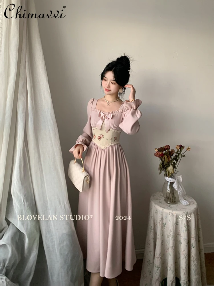 

French Elegant Retro Jacquard Ruffles Square Collar Bow Flare Sleeve High Waist Slim Fit A-line Sweet Pink Long Dress For Women