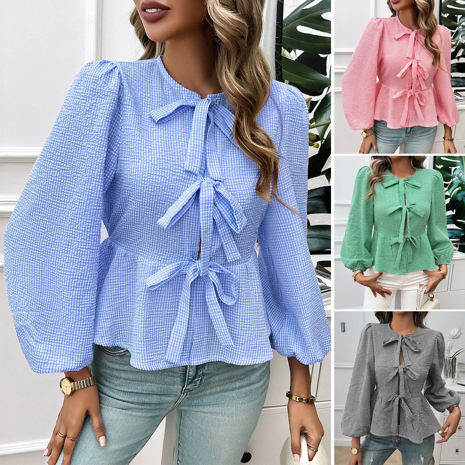 

Women's Spring Autumn Blouse Female Puffed Sleeve Round Neck Long Sleeve Shirt Lady's Bow Plaid Bottoming Shirt Women's Tops