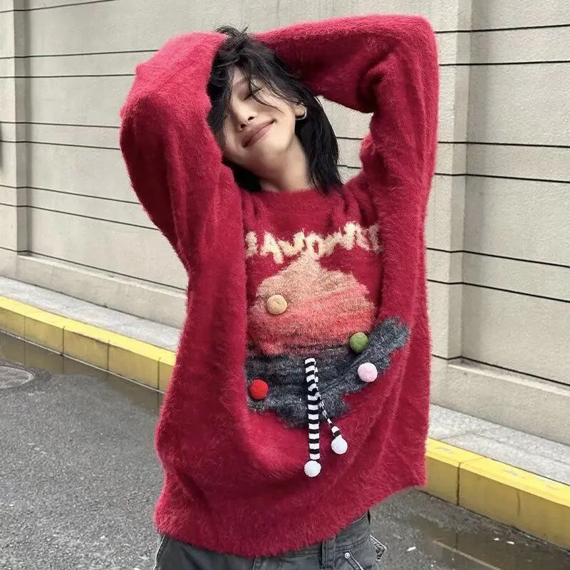 

Новая горячая рождественская тематическая верхняя одежда с героями мультфильмов, пуловер, зимний новый вязаный свитер, женский красный свитер, топы с рождественской елкой, зимние