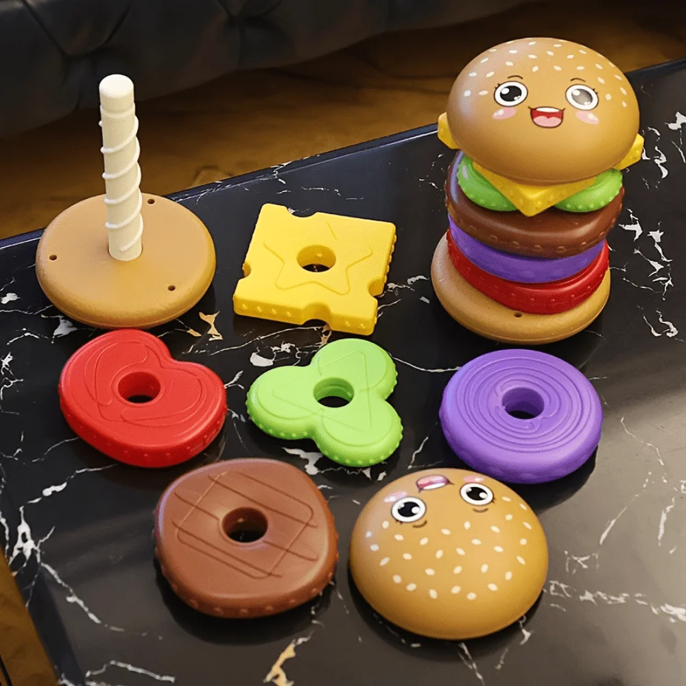 Juguete apilable con forma de hamburguesa, reconocimiento multicolor, coordinación mano-ojo y rompecabezas educativo de rotación, regalo de Navidad