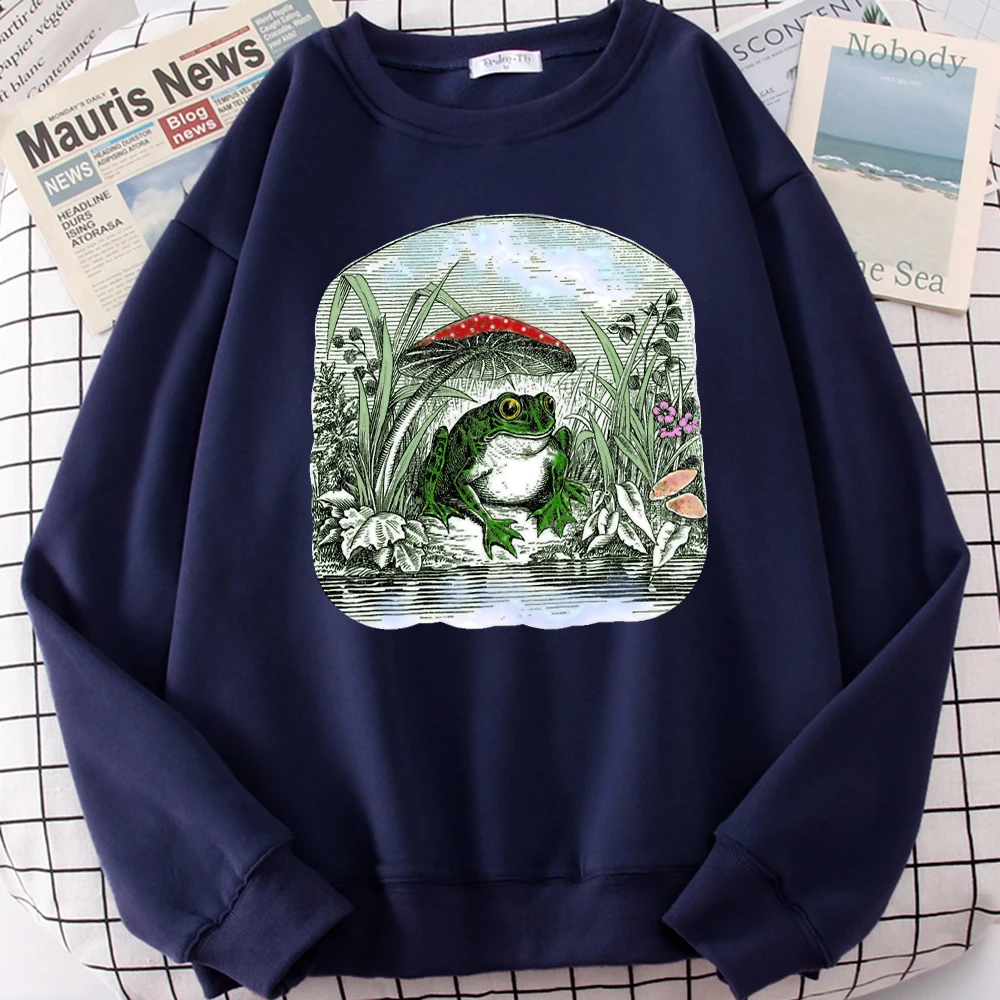 เสื้อสเวตเชิ้ตลายกบเห็ดสไตล์วินเทจสำหรับผู้หญิง ฮิปฮอป ลำลอง เสื้อผ้ากีฬาฤดูใบไม้ร่วง ผ้าฟลีซสำหรับวิ่งออกกำลังกาย