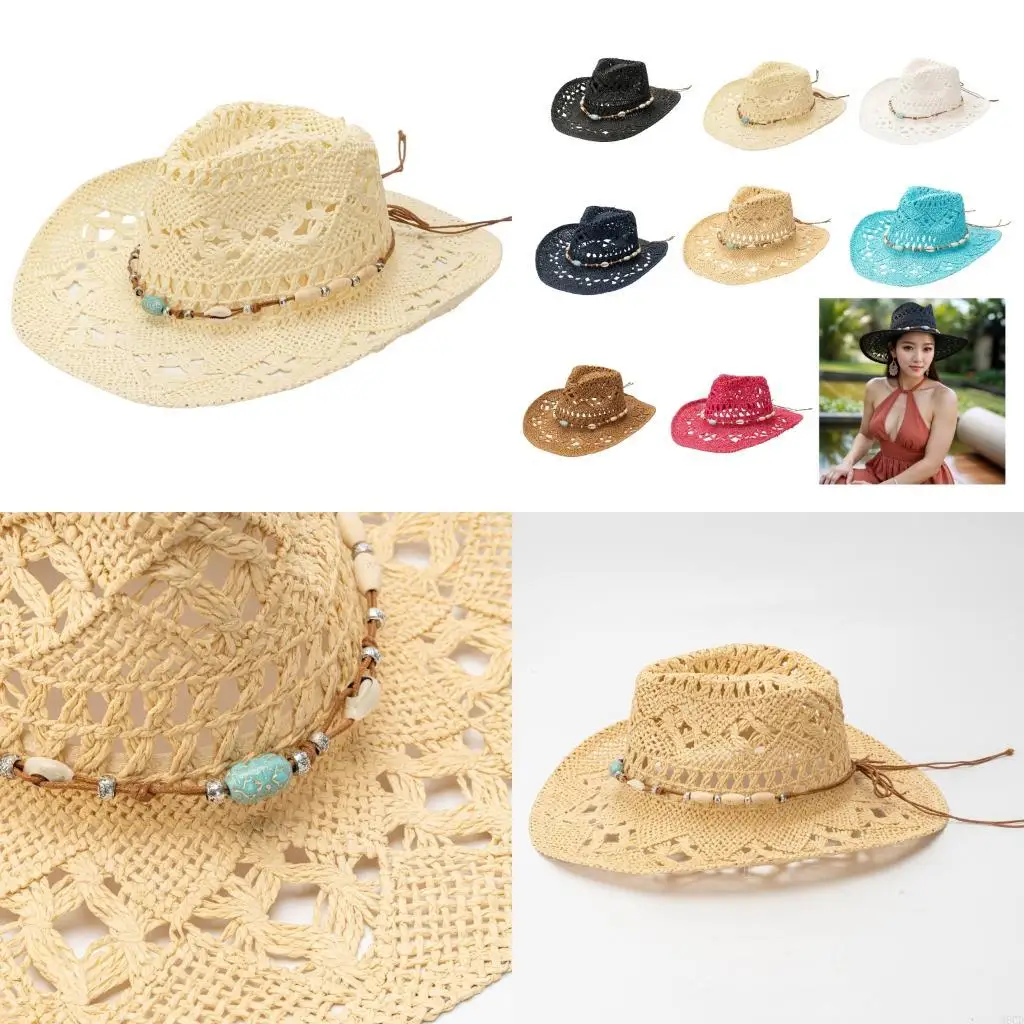 

M6CD Handcraft Соломенная шляпа для отдыха Hollowout Sunproof Hat с Bead Band Bohemian Paname Hat для пляжного и музыкального