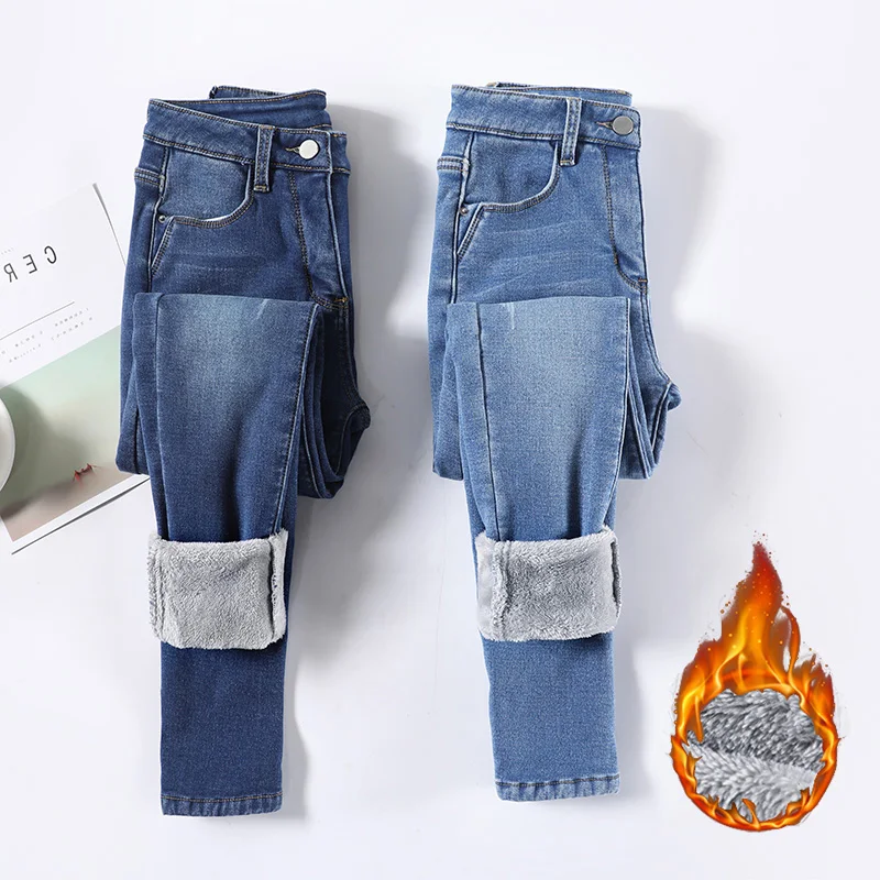 冬物セール！ハイウエスト保温レディースジーンズ、女性用スノーウォームフリースデニムパンツ、快適な無地プラッシュトラウザーズ