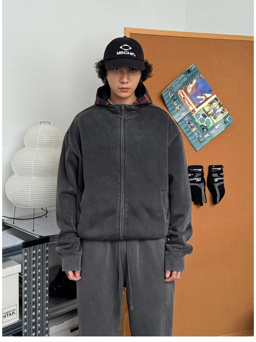 

Пледовый худи-кардиган в стиле пэчворк, ретро-американский уличный стиль, имитация двухслойности, верхняя одежда Cleanfit