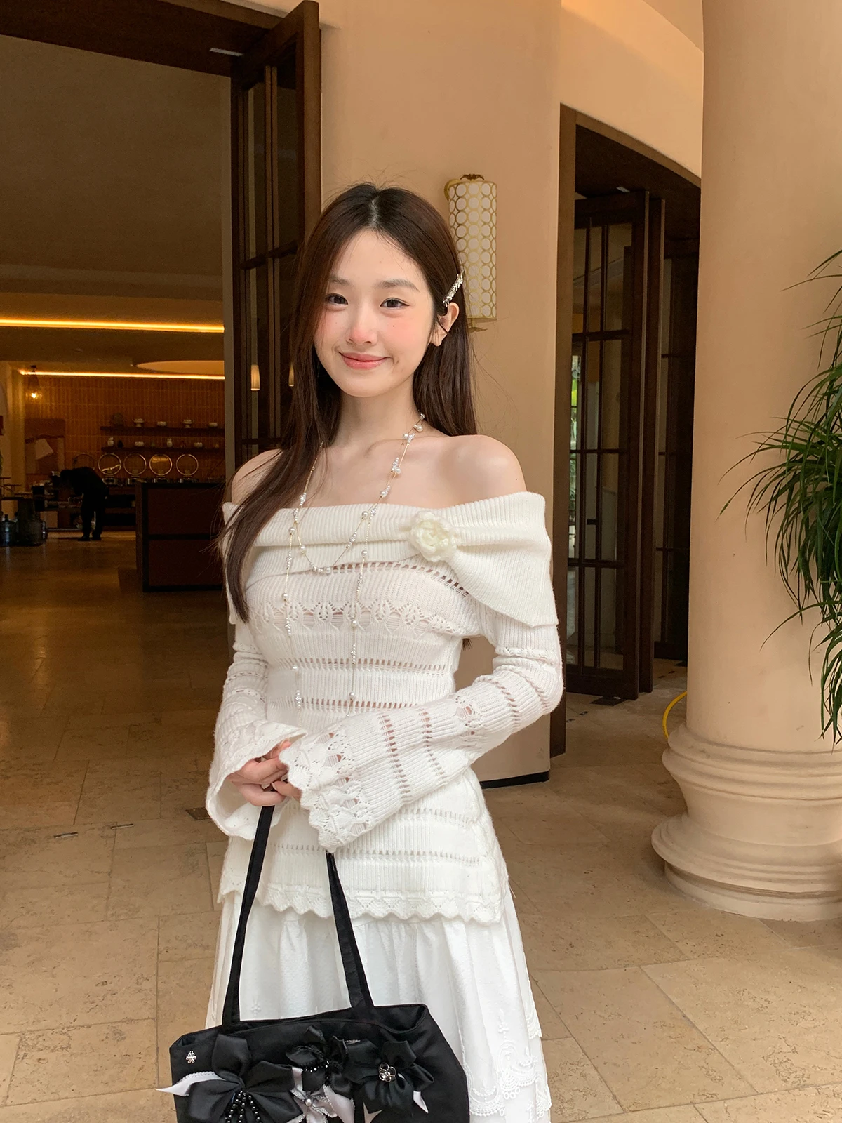 

Sweet Shoulder Bared Long Sleeve Knitted Sweater with 3D Flower Design in White Spring 2026 Cheese Day Brand Polyester Fiber