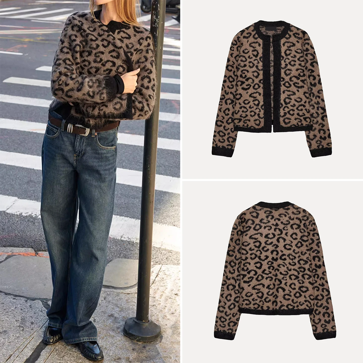 Z Women's Faion Knitted Animal Print Tassel Coat ort Sle Long Sve 2025 Winter Season European Sle Stand Fit