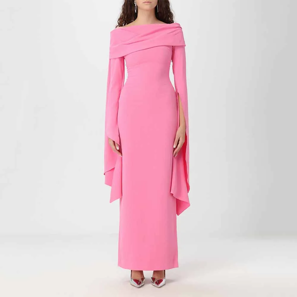 

Elegant Women's Prom Dress Pink Off the Shoulder Column Formal Party Gowns Maxi Long Sleeves Ankle Length Evening Dresses 2025