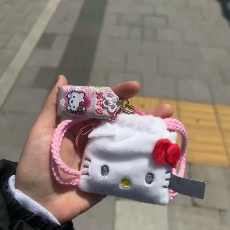 Cartera de felpa Kawaii Hello Kitty Sanrio, bonita serie con cordón, auriculares, bolsa de felpa, mochila, colgante, regalo de vacaciones para niña