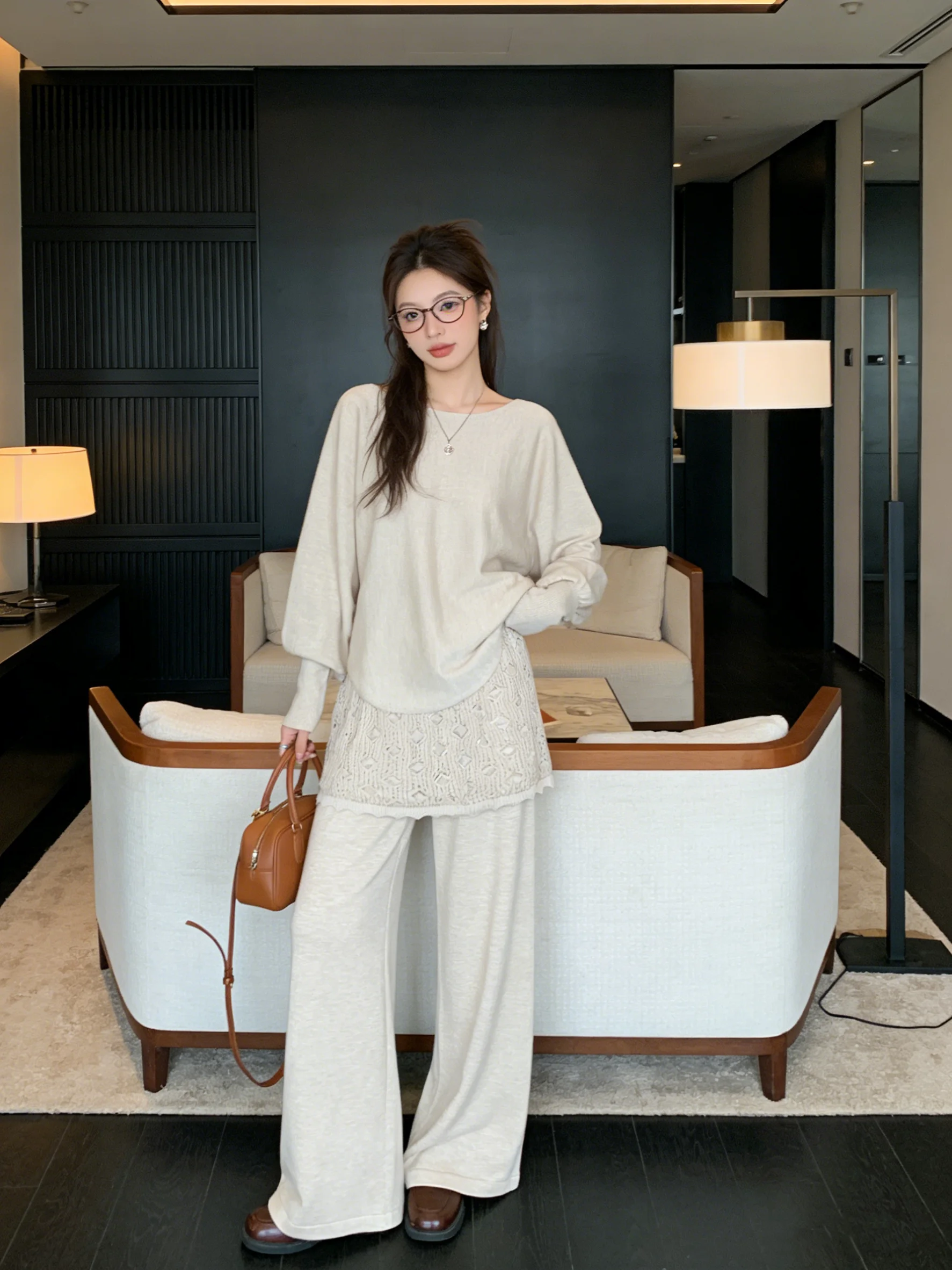 

Spring 2026 Anti-Aging Batwing Sleeve round Neck Knitted Top Korean Style Drapey Skin-friendly Wide Leg Pants Two-piece Set