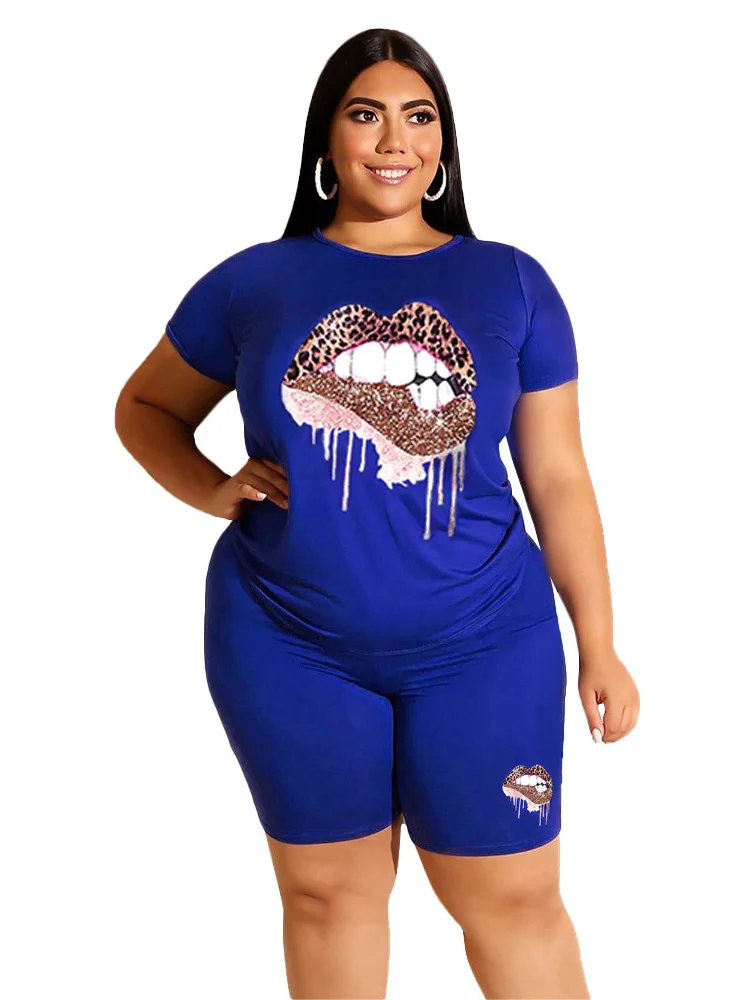 Wmstar Plus Size Two Piece Outfits for Women Tracksuit Shorts Sets  Lip Print Top Casual New In Matching Wholesale Dropshipping