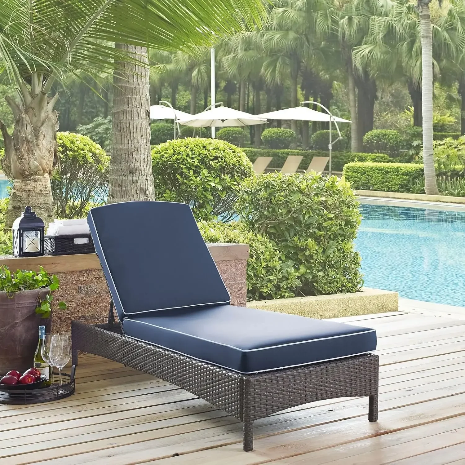 

Palm Harbor Outdoor Wicker Chaise Lounge with Navy Cushions - Grey