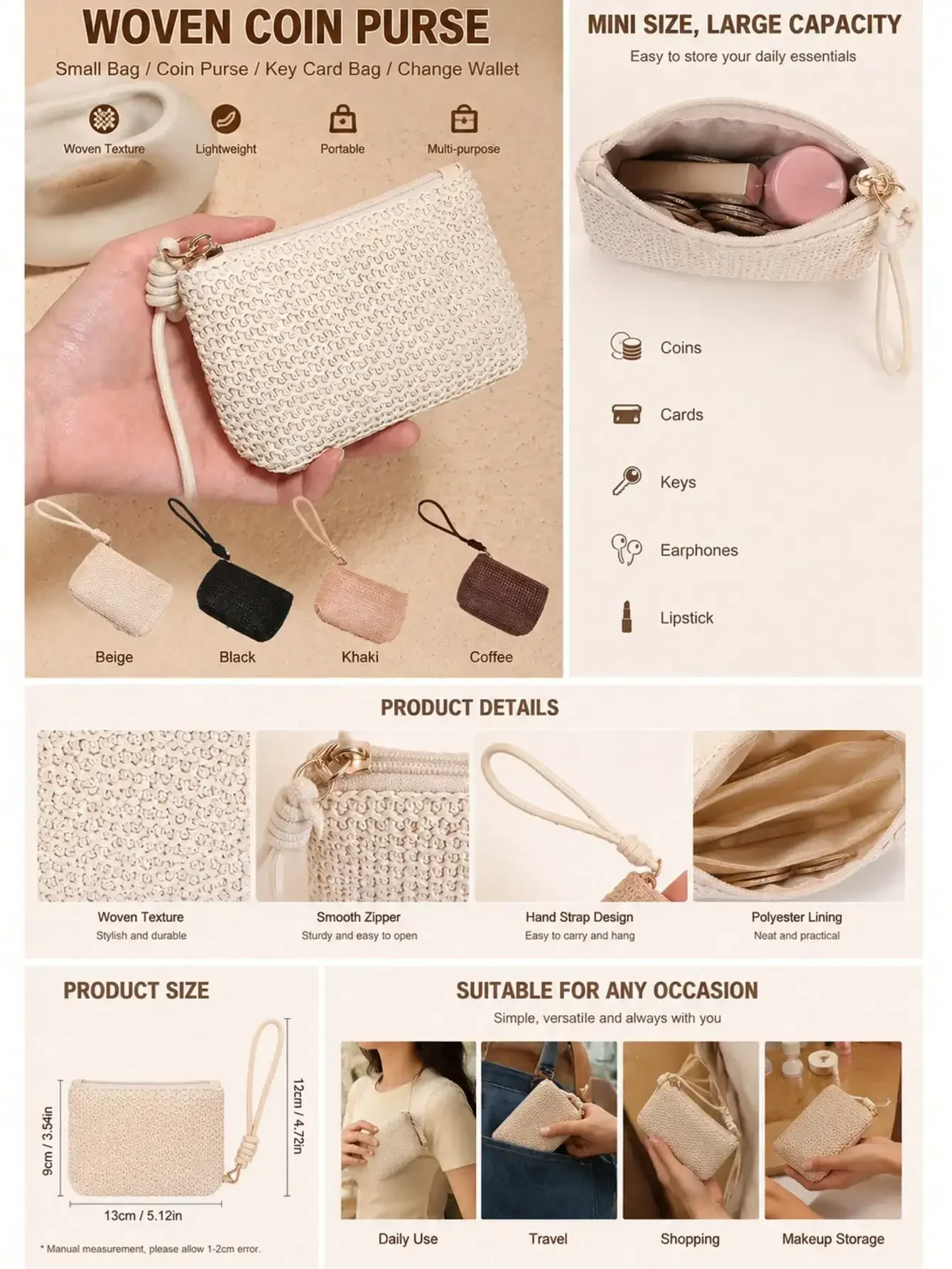 Woven Mini Coin Purse For Women | Small Wallet Key Card Holder Bag | Portable Handheld Storage Pouch | Casual Aesthetic Mini Bag