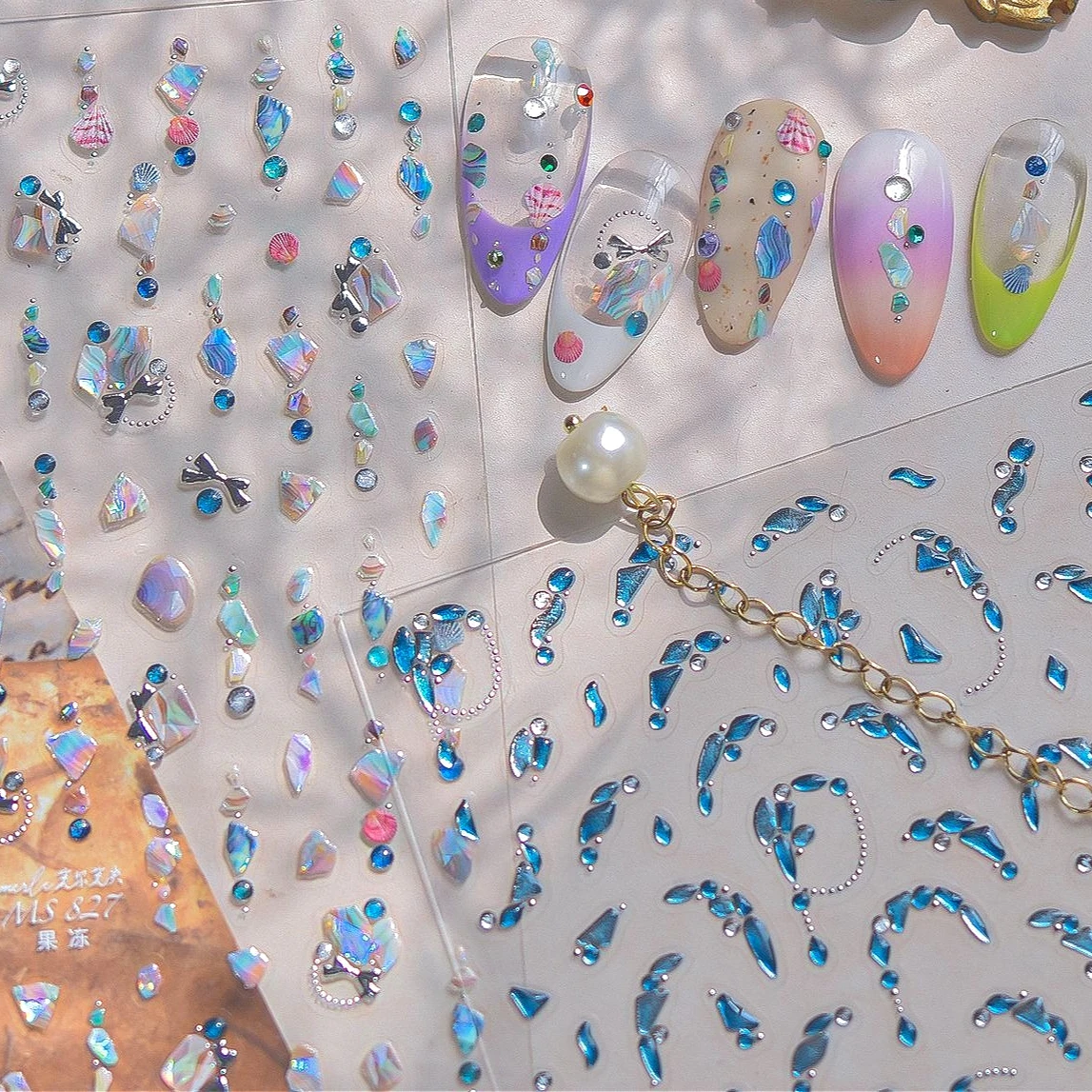 

The Secret of Waves Jelly Shell Fragments Gemstone Gravel Bowknot Necklace Chic Droplet Conch Nail Art Stickers Manicure Decals