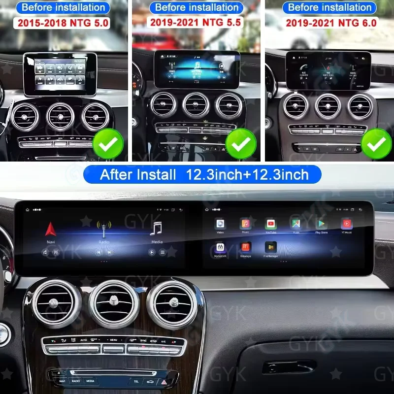 Dual Screen For Mercedes Benz C Class W205 GLC X253 C180 C200 C220 C300 C350 2015-2022 Android Carplay GPS Navigation Car Radio