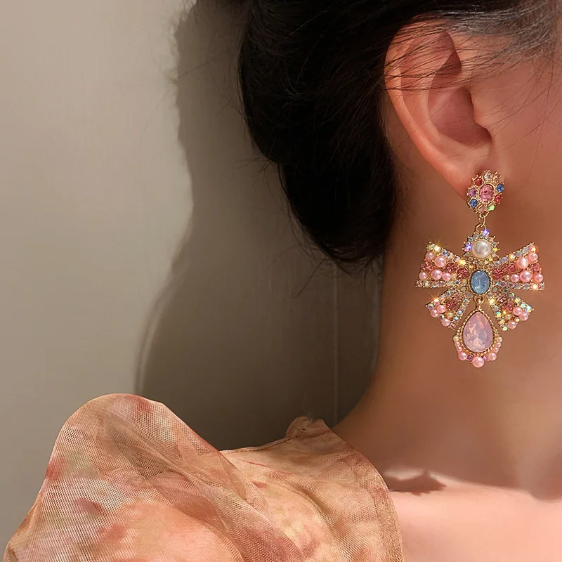 Vintage Baroque Pink Crystal Earrings for Women Bowknot Pearl Dangle Earrings Statement Jewelry