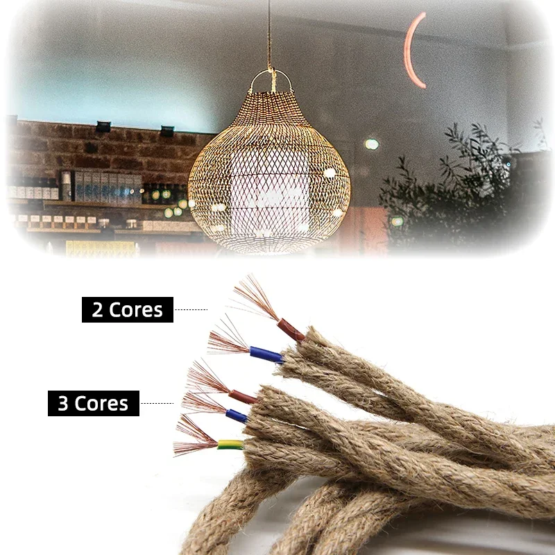 1/3/5/10m Hemp Rope Electrical Wire Twisted Cable 2/3 Cores For  DIY Retro Light Bar Decor Retro Style Copper Vintage Lamp Line