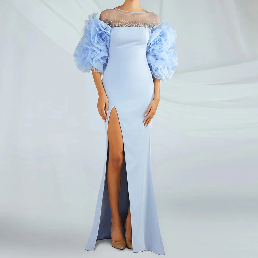 

Customized Mermaid Evening Dresses Floor-length Boat Neck Half Sleeve Prom Gown Fashion Flowers Crystal Simple Draped Party Gown