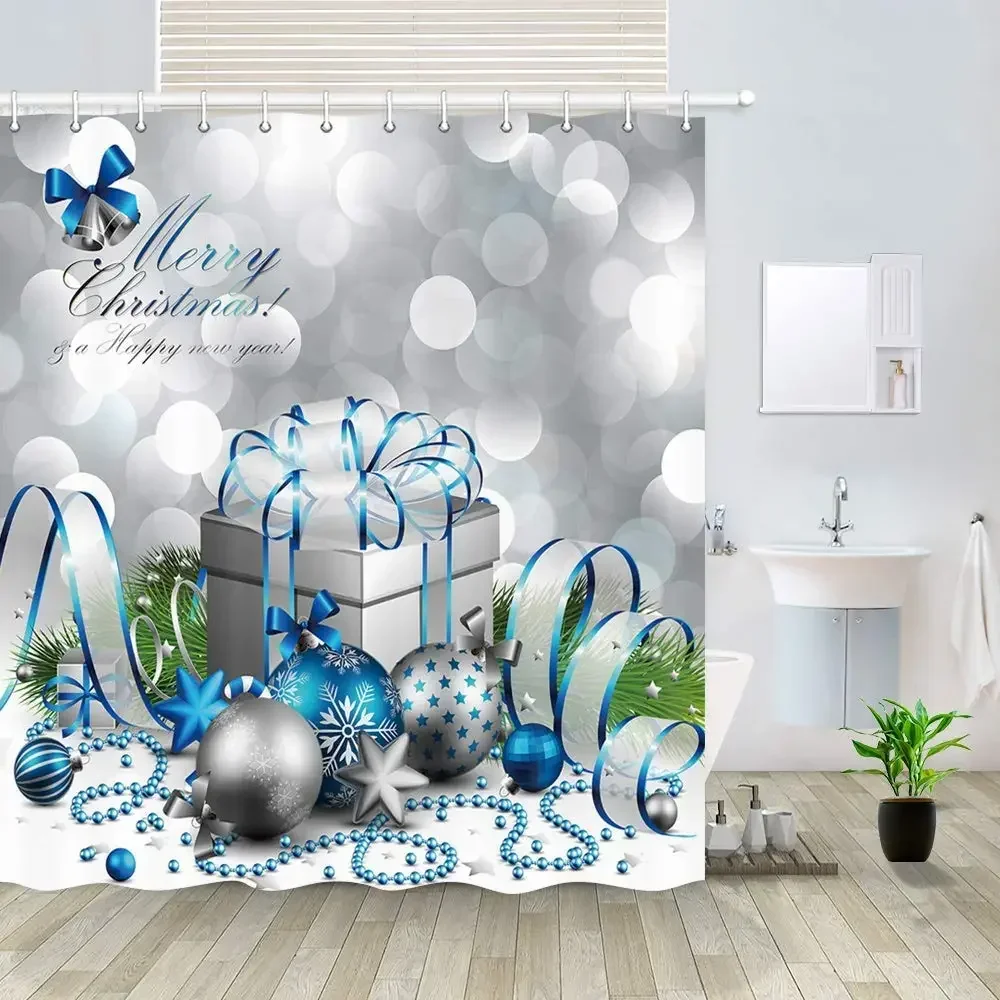 Happy Merry Christmas Silver and Blue Xmas Ball and Gift Box for New Year Bath Curtains