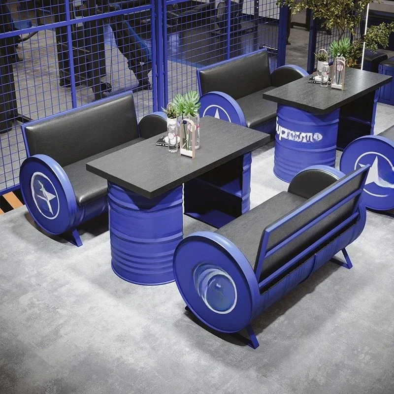 Restaurant Bar Card Seat Sofa Clear Bar Retro Industrial Style Wrought Iron Dining Table Hot Pot Restaurant Oil Drum Table