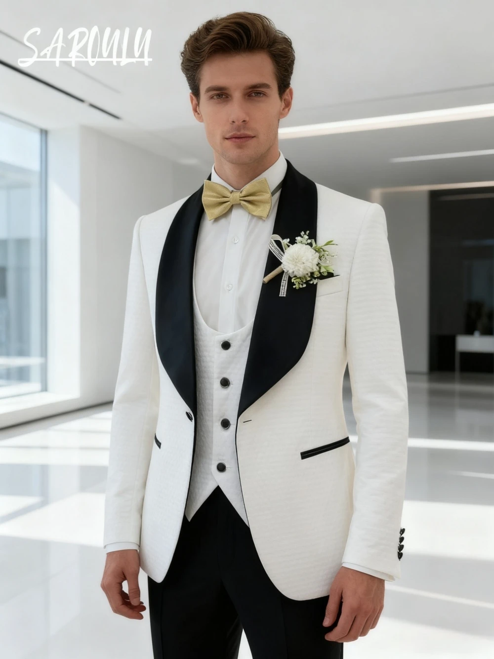 

Hot Sale White Patterned 3-pieces Man's Suit High Quality Popular Shawl Lapel Jacket Vest Pants Groom Wear Modern Decent Tuxedo