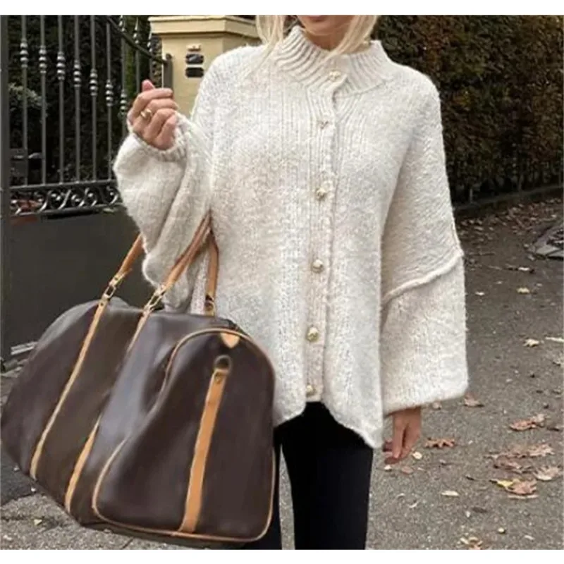 Temperament Moda Luźny Sweter Damski O-neck Metalowy Guzik Kardigan Jednorzędowy Jesień Zima Casualowy Płaszcz Damski Strój Top