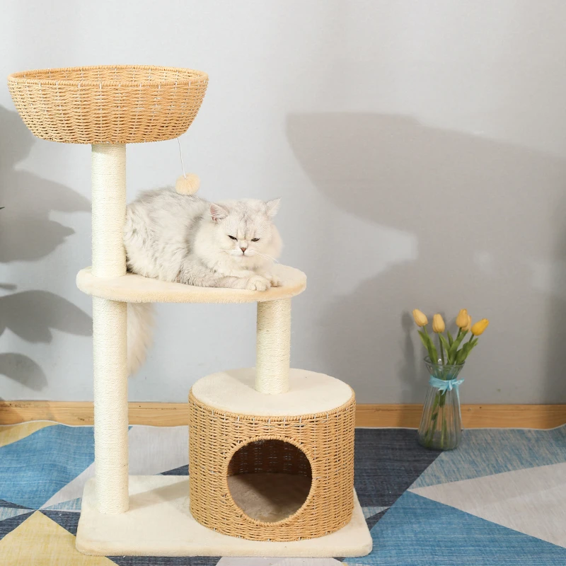 

Деревянная игровая башня-когтеточка для кошек с домиком и элементами для вязания, мебель и игрушки для животных