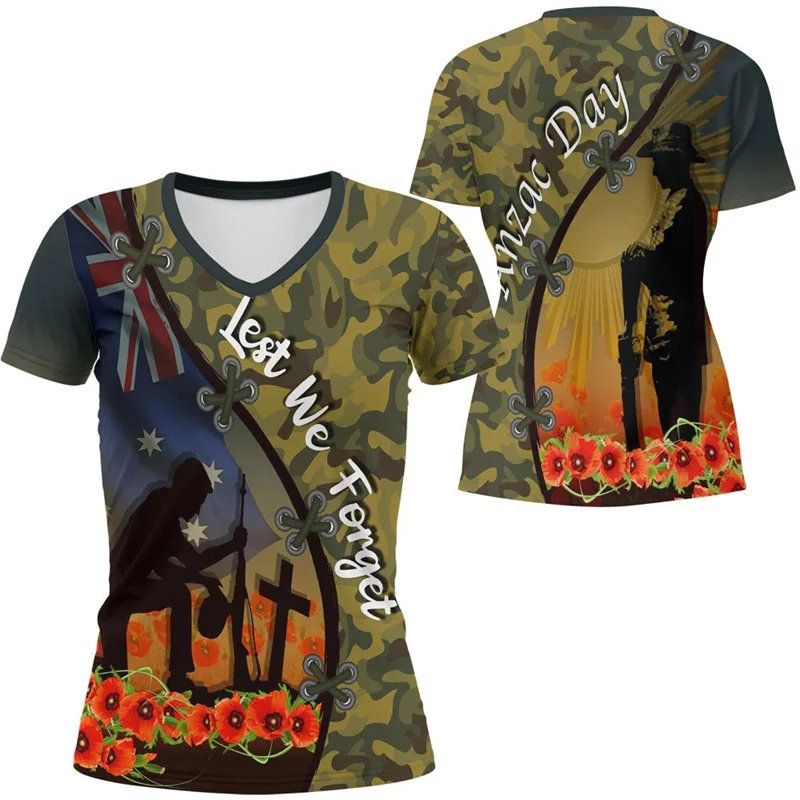 New Anzac Day V Neck T Shirt For Men Poppy Graphic T Shirts Lest We Forget Australia New Zealand T-Shirt Jersey Kid Short Sleeve