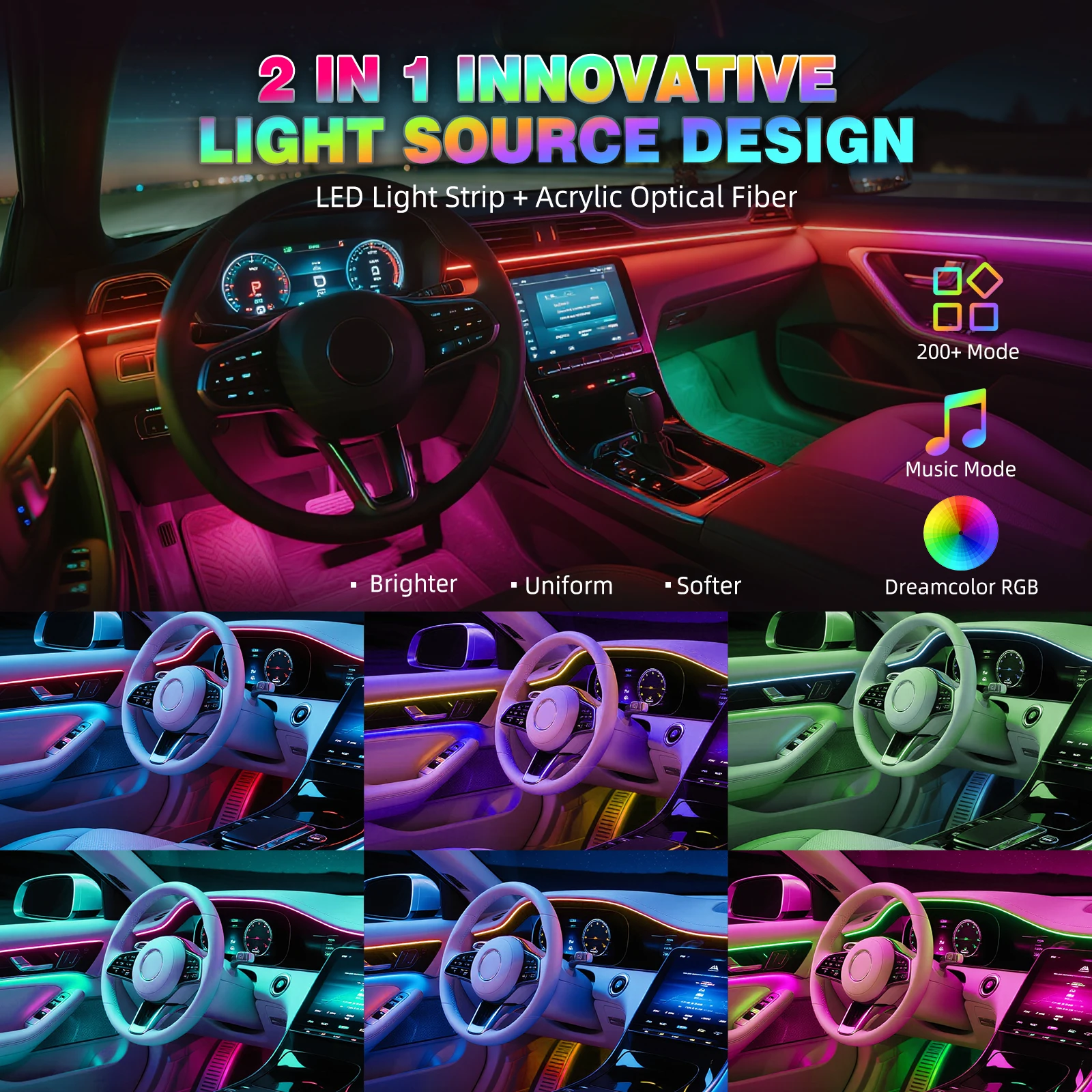 BEVINSEE الملونة المحيطة قطاع ضوء سيارة 6in1 RGB الاكريليك LED المحيطة مصابيح النيون سيارة الديكور APP التحكم عن بعد USB التوصيل 12 فولت