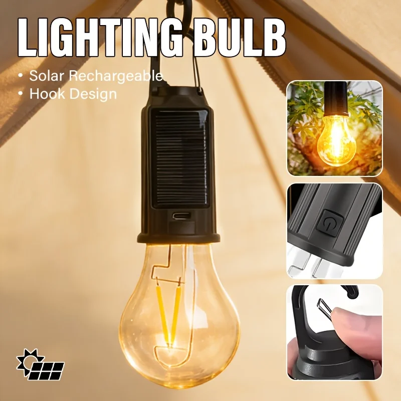 Solar Camping Lights USB Rechargeable Lighting Bulb 3 Lighting Modes Hook Design Portable Emergency Bulb for Outdoor Hiking