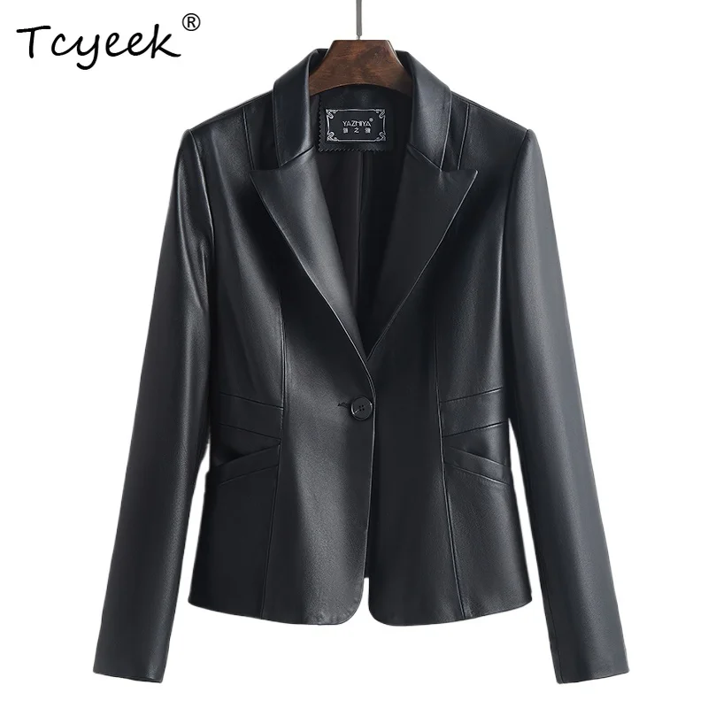 Tcyeek Damska Kurtka Skórzana z Prawdziwej Owczej Skóry Wiosna Jesień Kołnierz Garniturowy Długi Rękaw Krótka Czarna Kurtka Garniturowa Chaqueta Cuero Mujer
