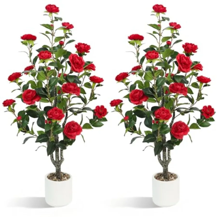 

Artificial Camellia Tree 2Pack 3.3FT Fake Camellia Plant with 30 Blooming Flowers and Pot 40" Tall Faux Potted Trees Lifelike P