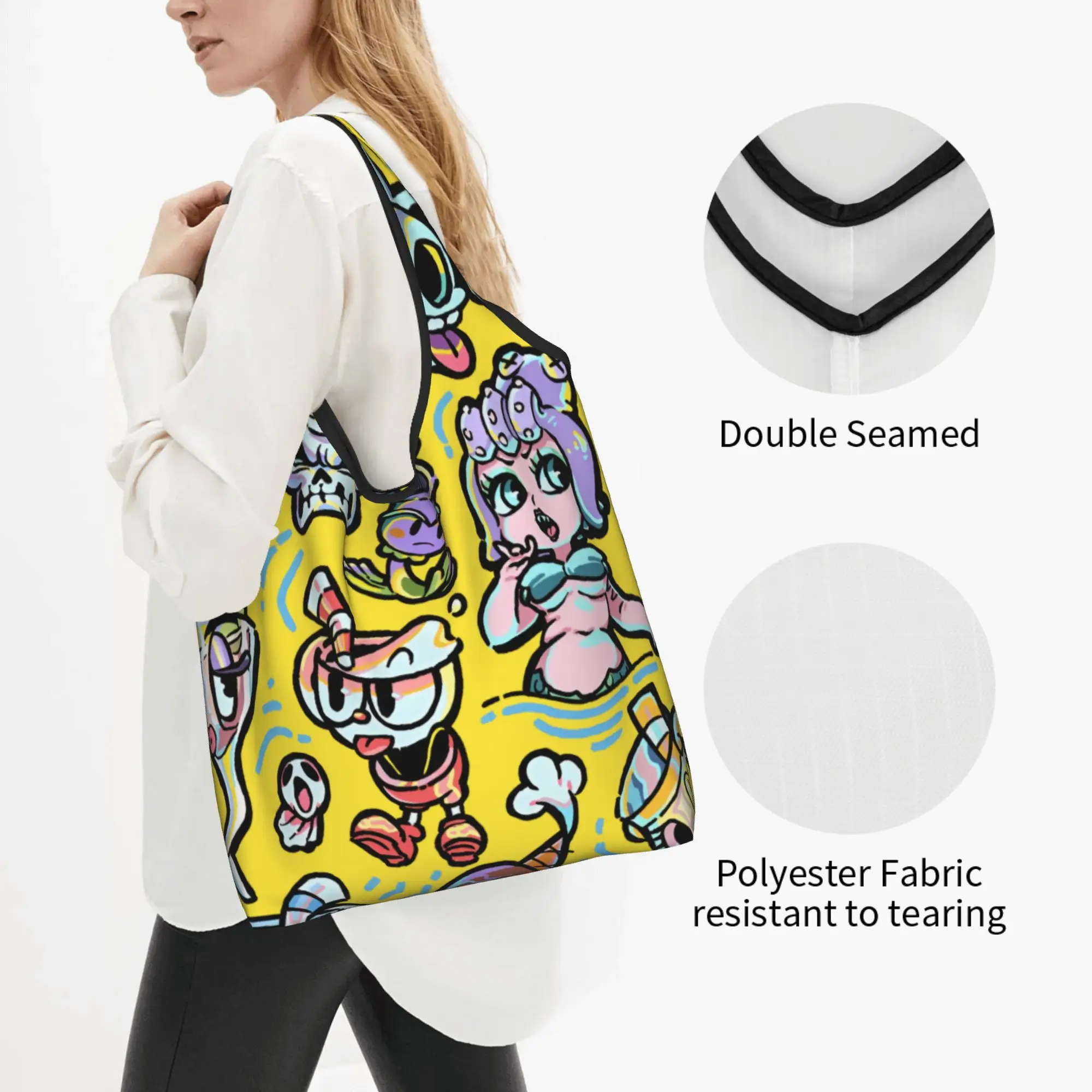 Custom Classic Animes C-Cupheades Shopping Bags Women Portable Large Capacity Grocery Comic Tote Shopper Bags