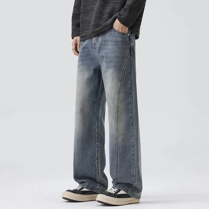 

Высококачественные модные брендовые джинсы в стиле ретро, мужские джинсы 2026, весна-осень и зима, свободные прямые повседневные брюки, широкие брюки