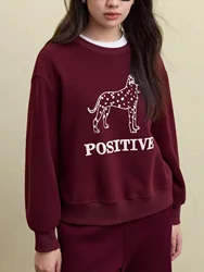 DUSHU Women Print Sweatshirt Winter Thick Navy Blue Loose Pullover Top Round Neck Drop Sleeve Female Red Sweatshirt 24DS84638