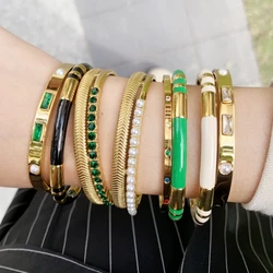 ZALMAN Trendy Chic White Pearl Zircon Bangles Gold Color 361L Stainless Steel Cuff Bracelets For Women Geometric Metal Jewelry