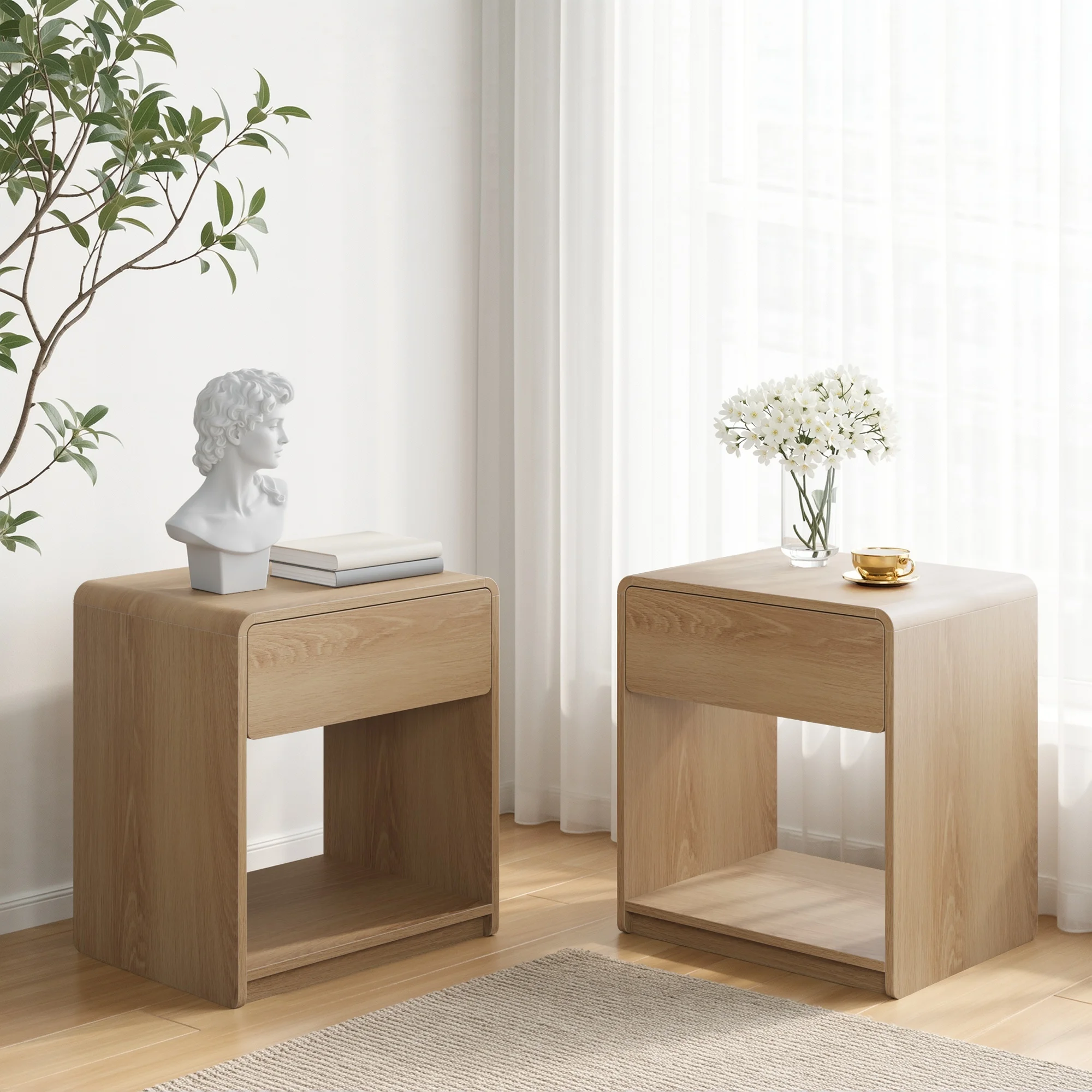 Modern Rustic Acacia Wood 1-Drawer Nightstand with Open Shelves Rounded Corners Compact Durable Design