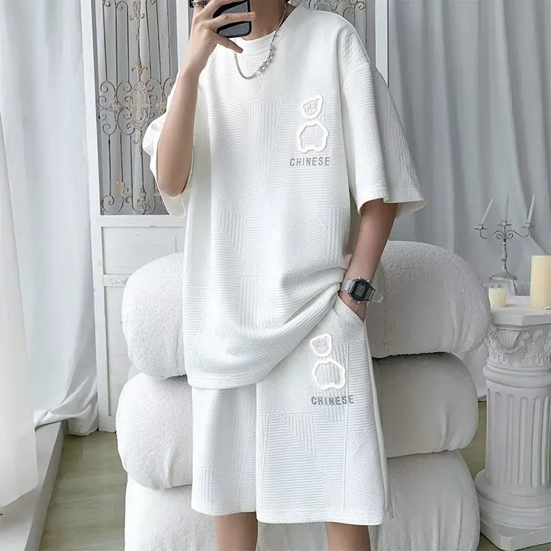 5XL Large Men\'s Sports Suit New Korean High Street Fashion T-shirt Shorts Two-piece Set Men Retro Neck Top Designer Clothes Men