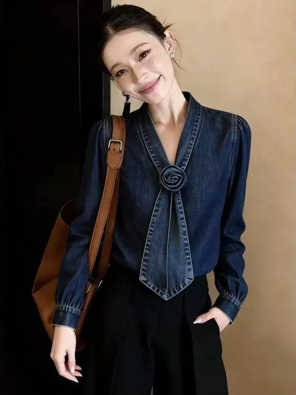 

Stylish Unique Denim Shirt Fashionable Beautiful Design High End Petite Top Early Spring French Style Loose Fit Long Sleeve K...
