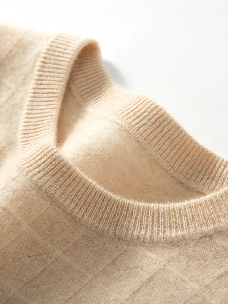 سترة رجالية من الكشمير برقبة دائرية ، بلوفر منسوج ، جاكار غير رسمي ، قميص مربع القاعدة ، ملابس فضفاضة عالية الجودة ، نقي ، خريف