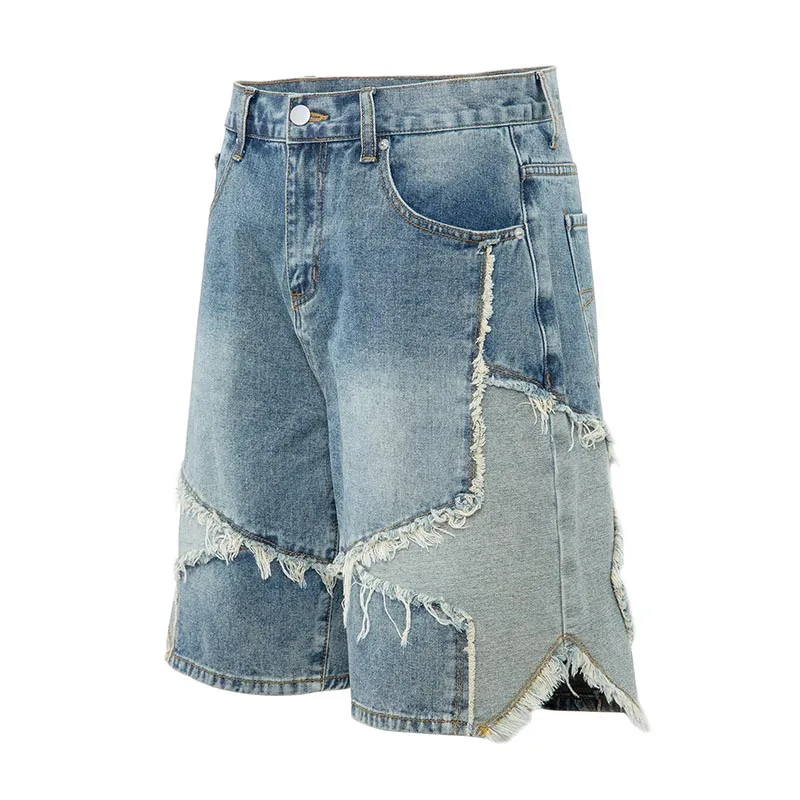 Hi Street Distressed Casual Denim Shorts Blue Streetwear Washed Jeans Shorts For Male Patchwork