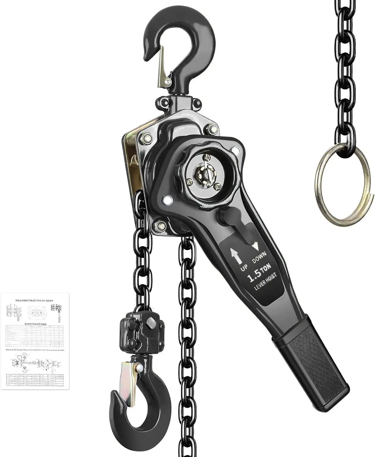 Manual Lever Chain Hoist 1.5 Ton 3300 Lbs Capacity 10 FT Come Along, G80 Carbon Steel with Double-Pawl Brake,360° Rotation Hook