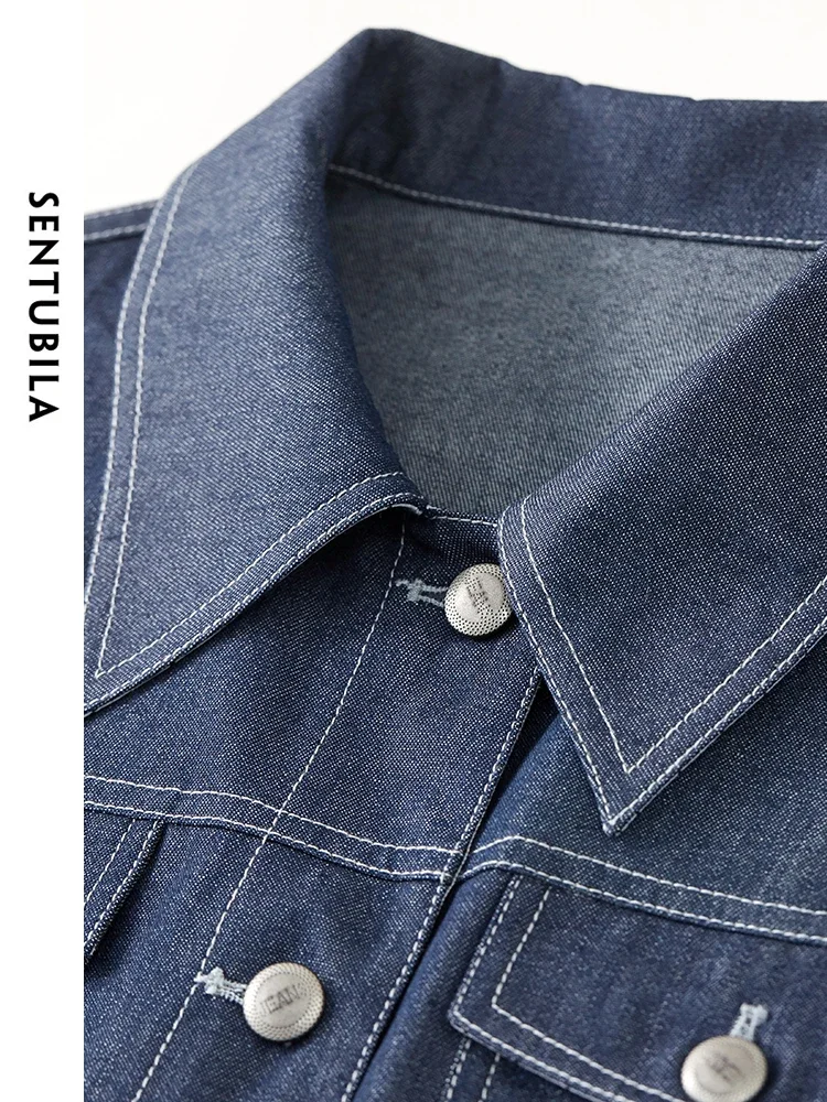 SENTUBILA, conjunto de mezclilla estilo de Hong Kong, chaqueta recortada con solapa, minifalda acampanada, traje de falda vaquera informal de primavera 2025 para mujer W41Z53840