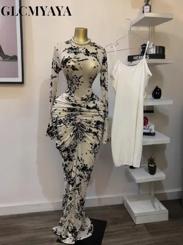 CM.YAYA Vrouwen Lange Mouw Gestapeld Mesh Zien Hoewel met Voering Bodycon Lange Jurk 2025, Herfst Avond Verjaardag Sexy Feestjurken