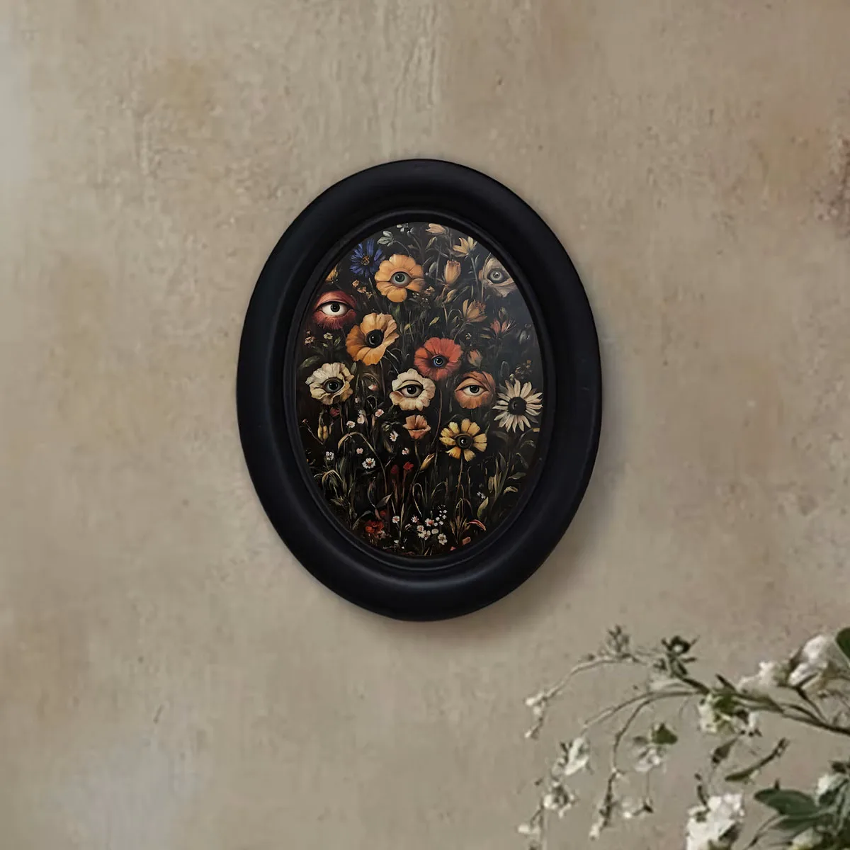 1 Piece of Dark Academia Style Floral Eye Wall Decoration, Black Oval Frame Print, Gothic Surreal Eyeball Floral Oil Painting, Atmospheric Witchy Decor, Gift for Occult Enthusiasts