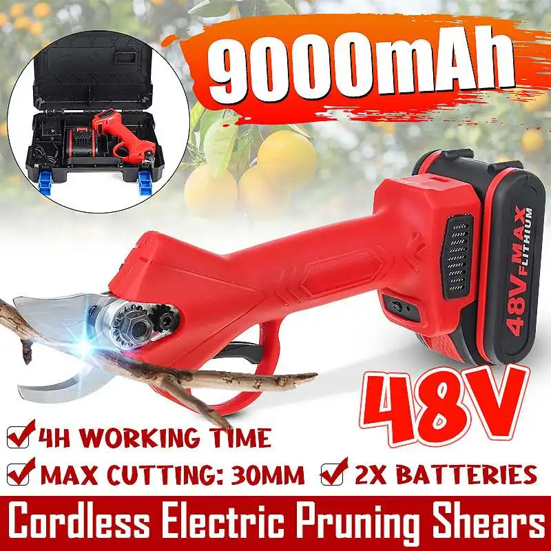 

48VF 30MM Electric Cordless Pruner Pruning Shear with 2PC 9000mAh Lithium-ion Battery Efficient Fruit Tree Bonsai Pruning Cutter