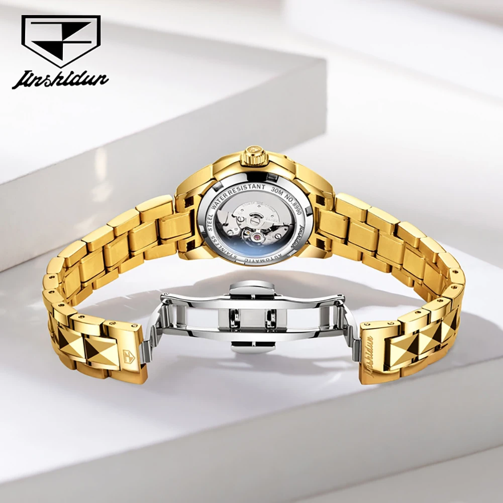 JINSHIDUN 8990 Brand Original Authentic Tungsten Steel Strap Double Calendar Women's Mechanical Watch