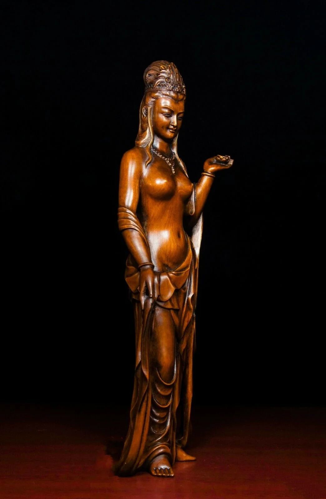 Old Tibet Buddhism Boxwood Wood Carving Lakshmi Auspicious Goddess Buddha Statue