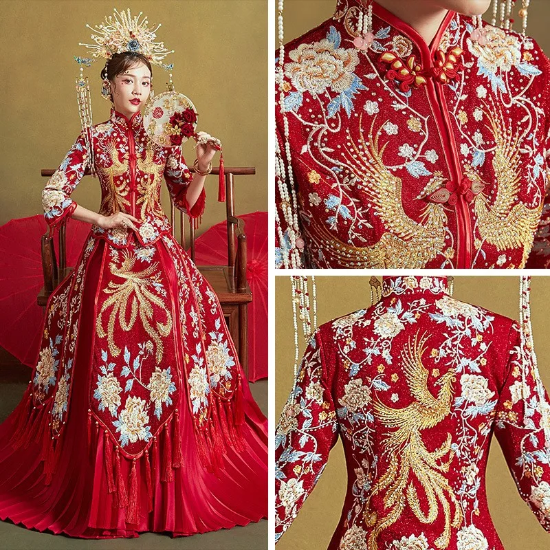 

New Dragon and Phoenix Gown Chinese Style Pleated Skirt plus Size Suit